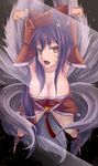  against_glass ahri animal_ears breasts detached_sleeves facial_mark fox_ears fox_tail highres large_breasts league_of_legends long_hair multiple_tails tail yellow_eyes 