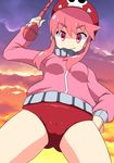  1girl baton buruma cameltoe cloud hand_on_hip hat jakuzure_nonon kill_la_kill looking_at_viewer photoshop pink_eyes pink_hair shirika short_hair sky smile solo track_jacket 