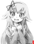  gofu greyscale hair_ribbon hairband long_hair looking_at_viewer mikakunin_de_shinkoukei monochrome open_mouth ribbon school_uniform sketch solo spot_color suetsugi_konoha watermark web_address 