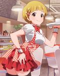  artist_request blonde_hair brown_eyes cafe fukuda_noriko hair_ornament hairclip idolmaster idolmaster_million_live! maid official_art short_hair smile solo thighhighs 