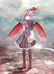 black_legwear book boots bow frills full_body head_wings horns lavender_hair long_sleeves looking_at_viewer multicolored_hair neme open_book pantyhose puffy_sleeves red_eyes red_wings shirt short_hair silver_hair single_head_wing skirt smile solo tokiko_(touhou) touhou turtleneck two-tone_hair white_shirt wide_sleeves wings 