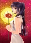  bare_shoulders black_hair blush carnelian dress flower long_hair original ponytail solo spider_lily 