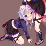  arm_support blue_eyes blush commentary_request hair_ornament hand_on_another's_head imminent_cunnilingus kantai_collection kneeling long_sleeves looking_at_viewer multiple_girls pleated_skirt purple_hair saki_chisuzu school_uniform short_hair_with_long_locks skirt skirt_lift thigh_strap uzuki_(kantai_collection) yayoi_(kantai_collection) yuri 