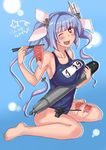 1girl bare_shoulders barefoot blue_hair breasts fang food hair_ribbon hime_cut i-19_(kantai_collection) kantai_collection large_breasts long_hair looking_at_viewer maru_(maruttona) multicolored_hair open_mouth personification purple_hair red_eyes ribbon school_swimsuit sitting smile solo star star-shaped_pupils swimsuit symbol-shaped_pupils torpedo twintails wariza wink 