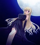  1girl bare_shoulders blonde_hair breasts dress elbow_gloves fortissimo//akkord:bsusvier game_cg gloves highres large_breasts legs long_hair looking_at_viewer moon night ooba_kagerou pink_eyes sky solo standing star stars thighs 