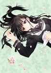  black_hair blush brown_eyes carnelian flower long_hair lying on_back original petals school_uniform serafuku solo 