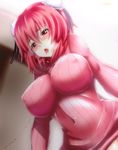  alternate_costume blush breasts covered_nipples double_bun ebi_193 ibaraki_kasen impossible_clothes impossible_sweater large_breasts naked_sweater open_mouth red_eyes red_hair ribbed_sweater saliva saliva_trail short_hair solo sweater tongue touhou 