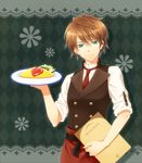  asuha82 bad_id bad_pixiv_id brown_hair green_eyes harvest_moon harvest_moon:_connect_to_a_new_land male_focus menu necktie omelet raeger smile solo vest waiter 
