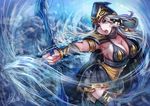  aiming arrow ashe_(league_of_legends) bow_(weapon) breasts cleavage firing holding holding_bow_(weapon) holding_weapon large_breasts league_of_legends left-handed long_hair open_mouth outstretched_arm qblade silver_hair solo weapon white_hair 
