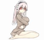  blush bottomless breasts headphones impossible_clothes impossible_sweater large_breasts long_hair looking_at_viewer mochamonji nitroplus pink_hair red_eyes sitting solo super_sonico sweater wavy_mouth 
