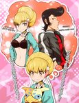  1girl adelie_(space_dandy) black_hair blonde_hair blush bra breasts brown_eyes cleavage dandy_(space_dandy) english hair_bun imagining large_breasts navel older open_clothes open_shirt partially_translated pompadour scar shiny shiny_skin shirt smile space_dandy stuffed_toy tom_(drpow) translation_request underwear yellow_eyes 
