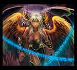  angel_wings aqua_eyes archangel_metatron_(p&amp;d) bare_shoulders breasts cleavage dark_angel_metatron_(p&amp;d) dark_skin hebrew large_breasts magic_circle monkichi puzzle_&amp;_dragons solo translation_request white_hair wings 