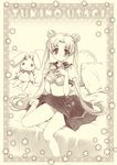  bed bishoujo_senshi_sailor_moon blush bra breasts carnelian character_name cleavage double_bun juuban_middle_school_uniform long_hair medium_breasts monochrome navel panties shirt_lift sitting skirt solo stuffed_animal stuffed_bunny stuffed_toy tsukino_usagi twintails underwear 