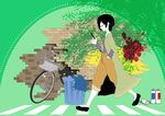  bicycle black_cat black_hair brick_wall cat cellphone closed_eyes coat crosswalk ground_vehicle hand_in_pocket inui_yamato multitasking original phone running_bond shoes short_hair smartphone solo spray_can trash_can walking wall 