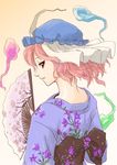  abo_(hechouchou) blush fan ghost hat hitodama japanese_clothes kimono looking_back nape pink_eyes pink_hair saigyouji_yuyuko solo touhou 