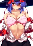  backlighting bad_id bad_pixiv_id bare_shoulders blue_hair blush bra breasts cleavage collarbone hat hat_ribbon highres large_breasts looking_at_viewer nagae_iku navel off_shoulder open_clothes open_mouth open_shirt pink_bra red_eyes ribbon shirt skirt solo sousakubito touhou underwear 