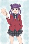  biruberu black_legwear bow double_bun kneehighs komadori_renge long_hair long_sleeves mask open_mouth purple_eyes purple_hair school_uniform sekai_seifuku:_bouryaku_no_zvezda skirt smile solo twintails 