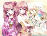  :d :o blue_eyes blush bouquet bow brown_hair eyelashes floral_print flower hair_between_eyes holding holding_flower japanese_clothes kimono long_hair modern_afro neon_genesis_evangelion new_year open_mouth parted_lips pink_hair red_bow smile souryuu_asuka_langley tassel tsurime twintails upper_body very_long_hair 