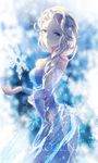  bare_shoulders blonde_hair blue_eyes braid copyright_name domotolain dress elsa_(frozen) frozen_(disney) hair_over_shoulder highres long_hair looking_at_viewer papyrus_(font) see-through single_braid snowflakes solo strapless strapless_dress 