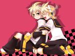  annoyed bad_id bad_pixiv_id blue_eyes blush clone closed_eyes full_body headphones headset hug hug_from_behind kagamine_len male_focus multiple_boys necktie open_mouth smile vocaloid yomorin 