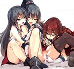  agano_(kantai_collection) aqua_eyes black_hair braid breasts brown_hair censored cis_(carcharias) fingering green_eyes kantai_collection long_hair medium_breasts multiple_girls noshiro_(kantai_collection) one_eye_closed open_mouth panties ponytail pussy pussy_juice pussy_juice_trail red_eyes red_skirt saliva shirt_lift skirt smile tongue tongue_out twin_braids underwear wet wet_clothes wet_panties yahagi_(kantai_collection) yuri 