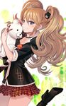  blonde_hair blue_eyes danganronpa danganronpa_1 enoshima_junko fingernails freckles hair_ornament hijiri_ruka long_fingernails long_hair loose_necktie miniskirt monokuma nail_polish necktie skirt sleeves_rolled_up smile solo spoilers 