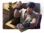  armor bible black_hair brown_eyes dougi eyebrows gavel headband hood hoodie japanese_armor kote male_focus mick_mcginty muscle nose realistic ryuu_(street_fighter) sitting sleeveless sleeveless_hoodie solo spiked_hair street_fighter street_fighter_ii_(series) thick_eyebrows 