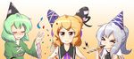  &gt;_&lt; blonde_hair blush clenched_hand closed_eyes collarbone commentary confetti dress earmuffs english_commentary green_hair hand_up hat headwear_switch highres looking_at_viewer mononobe_no_futo multiple_girls orange_background party_hat party_horn pom_pom_(clothes) ponytail ribbon shirt silver_hair simple_background sleeveless sleeveless_shirt smile soga_no_tojiko sweatdrop tate_eboshi touhou toyosatomimi_no_miko upper_body wool_(miwol) yellow_eyes 