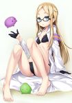  :o akizora_momiji armband barefoot black_bra black_gloves black_panties blonde_hair blue_eyes bra cameltoe feet glasses gloves half_gloves highres kurukuru_(sekai_seifuku) labcoat long_hair looking_at_viewer lowleg lowleg_panties natasha_(sekai_seifuku) open_mouth panties sekai_seifuku:_bouryaku_no_zvezda short_eyebrows sitting solo toes underwear 