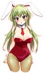  :o animal_ears bare_shoulders blush breasts brown_legwear bunny_ears bunnysuit buttons cleavage clenched_hands cropped_legs detached_collar fishnet_pantyhose fishnets frown green_hair groin large_breasts long_hair mutyakai necktie open_mouth original pantyhose red_eyes red_neckwear simple_background solo white_background wide_hips wrist_cuffs 