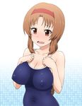  breasts brown_eyes brown_hair cleavage competition_school_swimsuit covered_nipples d-frag! elf_k hairband large_breasts long_hair one-piece_swimsuit open_mouth solo swimsuit takao_(d-frag!) taut_clothes taut_swimsuit wavy_mouth 