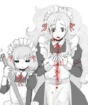  alternate_costume apron bleeding blood broom enmaided expressionless height_difference long_hair maid multiple_girls nanashi_(yume_nisshi) neck_ribbon ribbon short_hair spot_color tsukushi_(toxicdoll) usotsuki very_long_hair yume_nisshi 