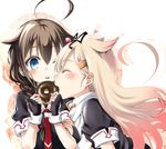  blonde_hair blue_eyes braid brown_hair closed_eyes doughnut fingerless_gloves food food_theft gloves hair_flaps hair_ornament hair_ribbon hairclip kantai_collection long_hair md5_mismatch messy_hair multiple_girls natsupa open_mouth remodel_(kantai_collection) ribbon school_uniform serafuku shigure_(kantai_collection) short_sleeves single_braid skirt straight_hair surprised yuudachi_(kantai_collection) 