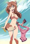  :d absurdres animal_ears breasts brown_hair censored clothes_removed cloud covering covering_crotch day fangs highres holo kill_la_kill koshimizu_ami long_hair medium_breasts nipples nude open_mouth parody red_eyes seiyuu_connection sky smile solo spice_and_wolf straywolf tail wheat wolf_ears wolf_tail 