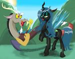  changeling discord_(mlp) draconequus duo equine facial_hair falco9998 fangs female friendship_is_magic fur hair horn horse male mammal my_little_pony open_mouth outside pony queen_chrysalis_(mlp) royalty winged_unicorn wings 