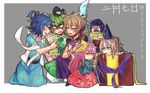  anger_vein blue_hair brown_hair cake cape dress earmuffs food green_dress green_hair hat hata_no_kokoro jealous kaku_seiga lightning miyako_yoshika mononobe_no_futo multiple_girls naginata new_mask_of_hope pink_hair polearm silver_hair soga_no_tojiko tate_eboshi touhou toyosatomimi_no_miko vento wallpaper weapon 