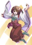  brown_eyes brown_hair hakama highres japanese_clothes log_horizon long_sleeves minori_(log_horizon) muneate open_mouth senomoto_hisashi short_hair side_ponytail smile solo wide_sleeves 