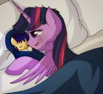  baby bed blanket cute equine female feral friendship_is_magic fur good_parenting hair hikariviny horn horse hug mammal messy_hair my_little_pony pillow pony purple_eyes purple_fur royalty sleeping smile twilight_sparkle_(mlp) two_tone_hair winged_unicorn wings young 