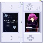  blush cape gundam haman_karn handheld_game_console love_plus machinosuke nintendo_ds parody pink_hair purple_eyes short_hair smile solo translated zeta_gundam 