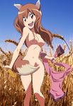  :d animal_ears breasts brown_hair censored clothes_removed covering covering_crotch derivative_work fangs highres holo kill_la_kill koshimizu_ami long_hair medium_breasts nipples nude open_mouth parody red_eyes seiyuu_connection smile solo spice_and_wolf straywolf tail wheat wolf_ears wolf_tail 