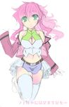  belt breasts celestial_being_uniform center_opening cleavage feldt_grace green_eyes gundam gundam_00 jacket long_hair medium_breasts midriff miniskirt navel pink_hair ponytail sketch skirt solo takitsume_shino thighhighs white_legwear 