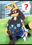  &#12523;&#12459; ambiguous_gender blue_fur blush building eeveelution fur grass jacket luca lucario male meowstic multicolor_fur nintendo pok&#233;mon pok&eacute;mon shiny_pok&#233;mon shy sitting two_tone_fur umbreon video_games white_fur yellow_fur 