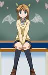  b-gata_h-kei black_legwear blue_eyes brown_hair chalkboard collared_shirt desk drawn_wings heart kneehighs long_hair looking_at_viewer school_uniform shirt sitting skirt smile socks sola_(sola-mabic) solo sweater wings yamada_(b-gata_h-kei) 