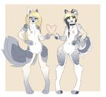  &lt;3 4_toes 5_fingers aimi anthro black_hair black_nose blonde_hair blue_eyes braided_hair breasts canine collar dog eyebrows female fur green_eyes grey_fur hair long_hair looking_at_viewer mammal multi-colored_hair navel nipples nude plain_background standing teeth toes white_fur 