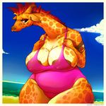  3_fingers anthro beach big_breasts black_eyes breasts chubby clothing cloud eyelashes female frown giraffe hair half-closed_eyes huge_breasts huge_nipples javanshir looking_away looking_down mammal mohawk outside public raised_arm sad sand sea seaside shadow shiny short_hair sky solo standing strap swimsuit thick_thighs water wide_hips 