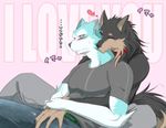  anthro belt biceps black_fur black_nose blue_fur blush brown_fur bulge canine clothed clothing collar couple cuddling duo eyes_closed fur gay gripping grope hand_holding holding hug hug_from_behind ig jeans love male mammal muscles pants pecs pink_background plain_background pose romantic shirt sitting tan_fur together toned vest white_fur wolf 