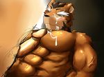  anthro biceps big_muscles big_penis black_fur black_nose blue_eyes blush body_markings brown_fur closed_mouth cum cum_in_mouth cum_inside cum_on_chest cum_on_face cum_string cumshot erection fangs feline fur gay human humanoid_penis interspecies leaking lying male mammal manly markings muscles nude on_back one_eye_closed orgasm pecjob pecs penis pose shere_khan size_difference sporty standing stripes teeth tiger toned vein zoharwolf 