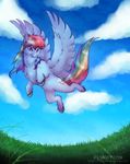  absurd_res cloud cutie_mark equine feral fetlocks fluffycon flying friendship_is_magic grass hair hi_res horse long_hair mammal multi-colored_hair my_little_pony outside pegasus pony purple_eyes rainbow_dash_(mlp) rainbow_hair solo wings 