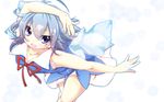  blue_eyes blue_hair cirno collarbone fang haruyonoto highres ice ice_wings snowflakes solo touhou wings 