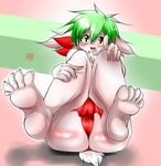  5_fingers 5_toes ambiguous_gender anthro black_nose blush butt chest_tuft fur geiru_mirua green_hair hair japanese_text legendary_pok&#233;mon legendary_pok&eacute;mon looking_at_viewer nintendo open_mouth pok&#233;mon pok&eacute;mon shaymin solo text toes tongue translation_request tuft underwear video_games white_body yellow_eyes 